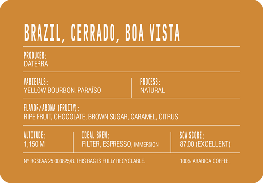 Brazil Cerrado back label: producer Daterra, Yellow Bourbon and Paraíso varietals, natural process, 1,150 m, SCA 87
