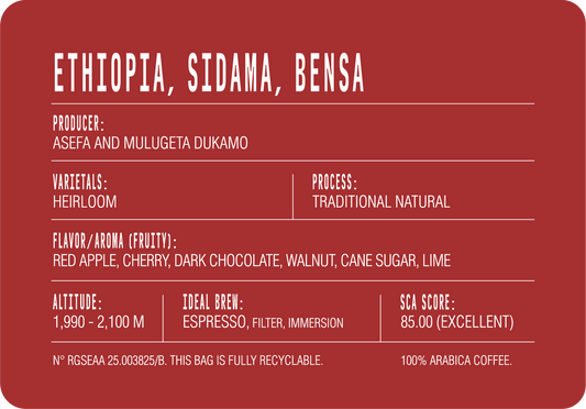 Ethiopia Sidama Bensa back label: producers Asefa and Mulugeta Dukamo, heirloom varietals, natural process, 1,990–2,100 m, SCA 85
