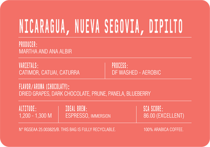 Nicaragua Nueva Segovia back label: producers Martha and Ana Albir, Catimor, Catuai and Caturra varietals, washed process, 1,200–1,300 m, SCA 86