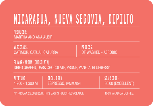 Nicaragua Nueva Segovia back label: producers Martha and Ana Albir, Catimor, Catuai and Caturra varietals, washed process, 1,200–1,300 m, SCA 86