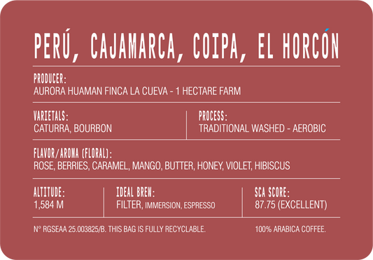 Peru Cajamarca back label: producer Aurora Huamán of Finca La Cueva, Caturra and Bourbon varietals, washed process, 1,584 m, SCA 87.75