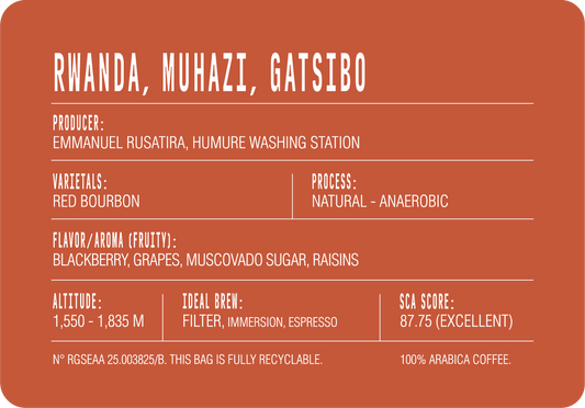 Rwanda Muhazi Gatsibo back label: producer Emmanuel Rusatira of Humure Washing Station, Red Bourbon varietal, anaerobic natural process, 1,550–1,635 m, SCA 87.75