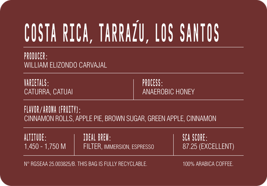 Costa Rica Tarrazú back label: producer William Elizondo Carvajal, Caturra and Catuai varietals, anaerobic honey process, 1,450–1,750 m, SCA 87.25