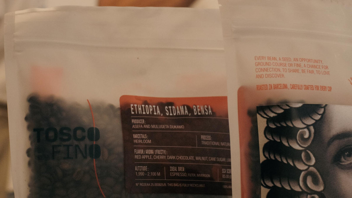 Tosco Fino Ethiopia bag, back label with origin and brew details — Espresso Coffee Subscription, Roaster's Choice
