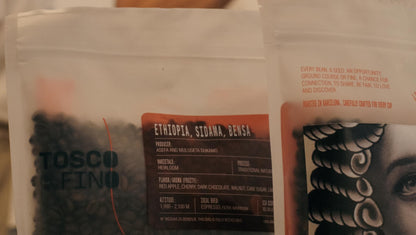 Tosco Fino Ethiopia bag, back label with origin and brew details — Espresso Coffee Subscription, Roaster's Choice
